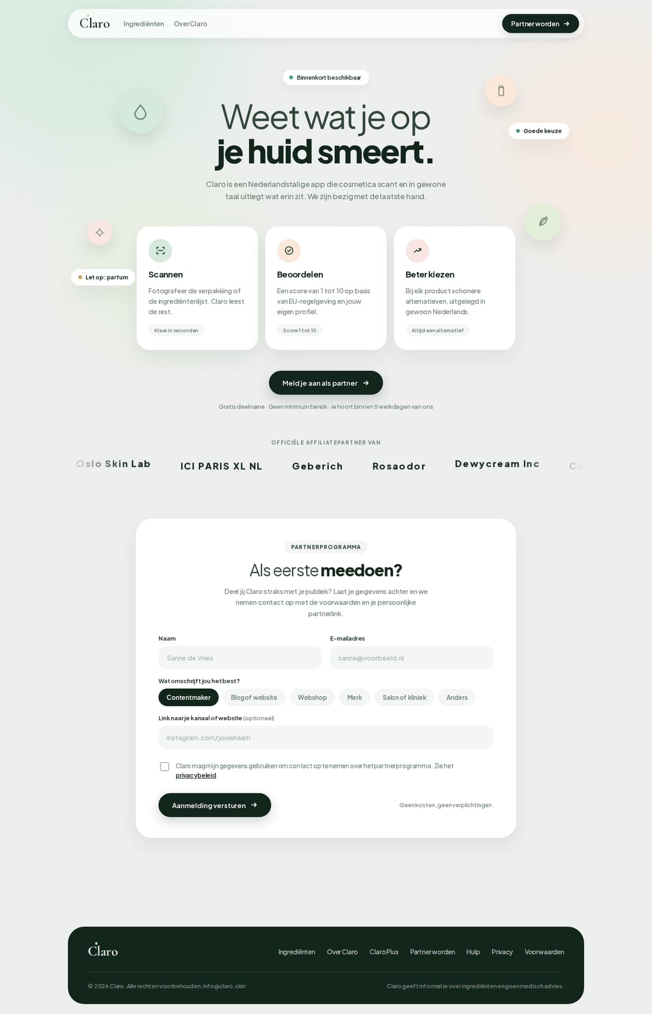 Screenshot van de website Claro Skin